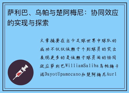 萨利巴、乌帕与楚阿梅尼：协同效应的实现与探索