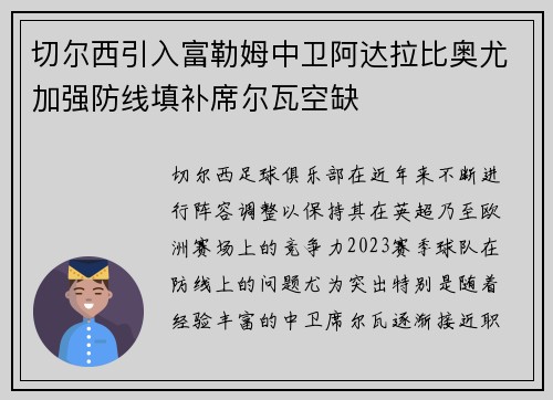 切尔西引入富勒姆中卫阿达拉比奥尤加强防线填补席尔瓦空缺
