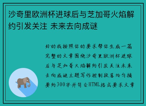 沙奇里欧洲杯进球后与芝加哥火焰解约引发关注 未来去向成谜